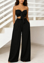 Women Strapless High-Waist Tie Wide-Leg Pants Two-Piece Set