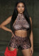 Women Leopard Print Halter Neck Low Back Tie Top Tight Fitting Shorts Two-Piece Set