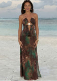 Spring Holiday Women Sexy Chain Halter Neck Slim Waist Slit Dress