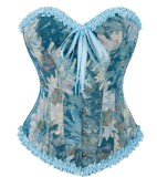 Women Floral Painting Jacquard Corset Lace-Up Ruffled Strapless Bustier Top