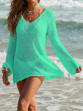 Holiday Women See-Through Knit Solid Color Bodycon Beach Cover-Up Dress