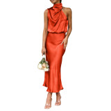 Summer Women Solid Satin Sleeveless Chic Evening Dress