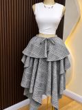Summer Women Plaid Irregular High-Waist Tie A-Line Skirt