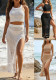 Summer Women Solid Color Round Neck Tank Slit Textured Maxi Skirt Sun Protection Beach Set