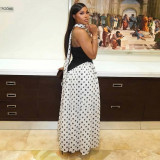 Summer Women Patchwork Polka Dot Halter Neck Strapless Ribbon High-Slit Dress