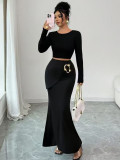Summer Women Chic Solid Color Metal Decor Bodycon Mermaid Midi Skirt