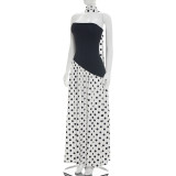 Summer Women Patchwork Polka Dot Halter Neck Strapless Ribbon High-Slit Dress