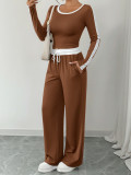 Women Casual High Stretch Patchwork Loose Wide-Leg Pants Slim Fit Two-Piece Outfit