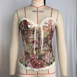 Women Floral Painting Jacquard Corset Lace-Up Ruffled Strapless Bustier Top