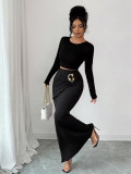 Summer Women Chic Solid Color Metal Decor Bodycon Mermaid Midi Skirt