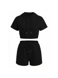Women Casual Solid Color Hooded Short-Sleeve Drawstring Shorts Sports Two-Piece Outfit
