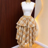 Summer Women Plaid Irregular High-Waist Tie A-Line Skirt