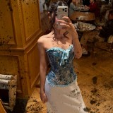 Women Floral Painting Jacquard Corset Lace-Up Ruffled Strapless Bustier Top