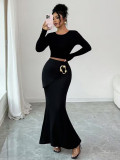Summer Women Chic Solid Color Metal Decor Bodycon Mermaid Midi Skirt