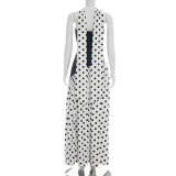 Summer Women Patchwork Polka Dot Halter Neck Strapless Ribbon High-Slit Dress