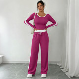 Women Casual High Stretch Patchwork Loose Wide-Leg Pants Slim Fit Two-Piece Outfit