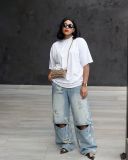 Women Street Knee Ripped Washed Denim Pants