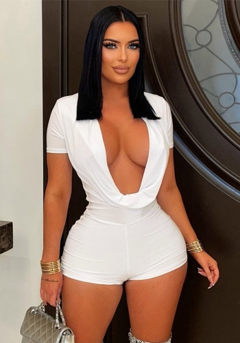 Women Sexy Solid Color Plunging Neck Short-Sleeve Slim Waist Bodycon Jumpsuit