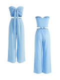 Women Strapless High-Waist Tie Wide-Leg Pants Two-Piece Set