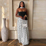 Summer Women Patchwork Polka Dot Halter Neck Strapless Ribbon High-Slit Dress