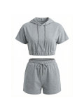 Women Casual Solid Color Hooded Short-Sleeve Drawstring Shorts Sports Two-Piece Outfit