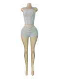Women Vertical Striped Strapless Cuffed High-Waist Tight Fitting Shorts Two-Piece Set