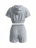 Women Casual Solid Color Hooded Short-Sleeve Drawstring Shorts Sports Two-Piece Outfit