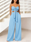 Women Strapless High-Waist Tie Wide-Leg Pants Two-Piece Set