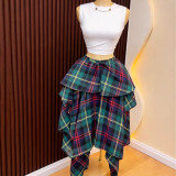 Summer Women Plaid Irregular High-Waist Tie A-Line Skirt