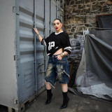 Women Street Asymmetric Frayed Raw Edge Five-Point Denim Pants