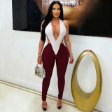 Women V Neck Halter Neck Tie Jumpsuit
