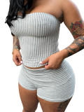 Women Vertical Striped Strapless Cuffed High-Waist Tight Fitting Shorts Two-Piece Set