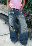 Women Street Ripped Cut & Paint Washed Denim Pants