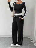 Women Casual High Stretch Patchwork Loose Wide-Leg Pants Slim Fit Two-Piece Outfit