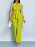 Women V-Neck Sleeveless Career Slim Waist Slim Fit Pleated Wide-Leg Pants Two-Piece Set