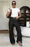 Women Street Rivet Spliced Washed Straight-Leg Denim Pants