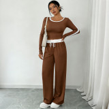 Women Casual High Stretch Patchwork Loose Wide-Leg Pants Slim Fit Two-Piece Outfit