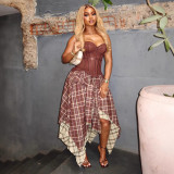 Summer Women Chic Plaid Irregular High-Waist Slim Fit Midi Skirt