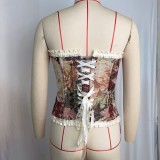 Women Floral Painting Jacquard Corset Lace-Up Ruffled Strapless Bustier Top