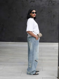 Women Street Knee Ripped Washed Denim Pants