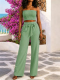 Women Strapless High-Waist Tie Wide-Leg Pants Two-Piece Set