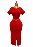 Women Luxury Short-Sleeve Knit Slim Waist Slit Bodycon Dress With Metal Buttons