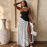 Summer Women Patchwork Polka Dot Halter Neck Strapless Ribbon High-Slit Dress