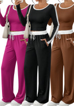 Women Casual High Stretch Patchwork Loose Wide-Leg Pants Slim Fit Two-Piece Outfit