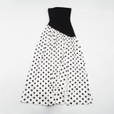 Summer Women Patchwork Polka Dot Halter Neck Strapless Ribbon High-Slit Dress