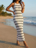 Women Sexy Hollow Out Striped Sleeveless Bodycon Beach Tank Cover-Up Dress