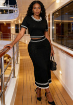 Spring Summer Autumn Women Hollow Out Color-Block High-Waist Midi Skirt Knit Two-Piece Set