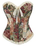 Women Floral Painting Jacquard Corset Lace-Up Ruffled Strapless Bustier Top