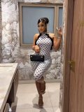 Women Halter Neck Polka Dot Patchwork Stretch Slim Fit Jumpsuit