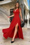 Women Solid Color V-Neck Slit Swing Sleeveless Formal Dress